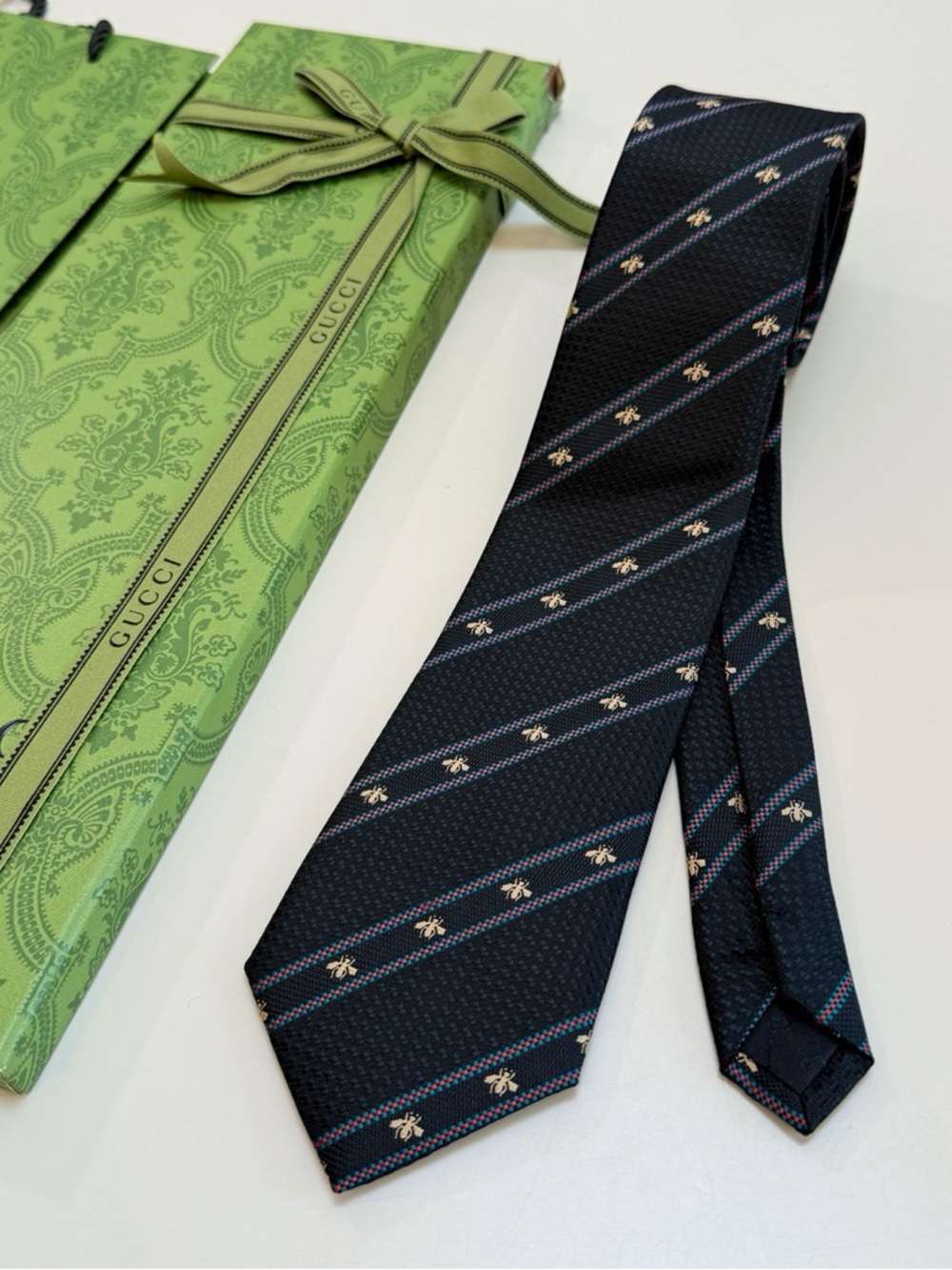 Gucci Black Silk Tie with Navy Diagonal Stripes and Bee Motif